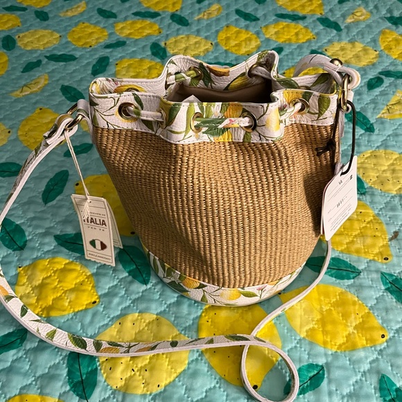 NWT VALENTINA Lemon Raffia Genuine Leather Crossbody Made in Italy - Picture 2 of 5